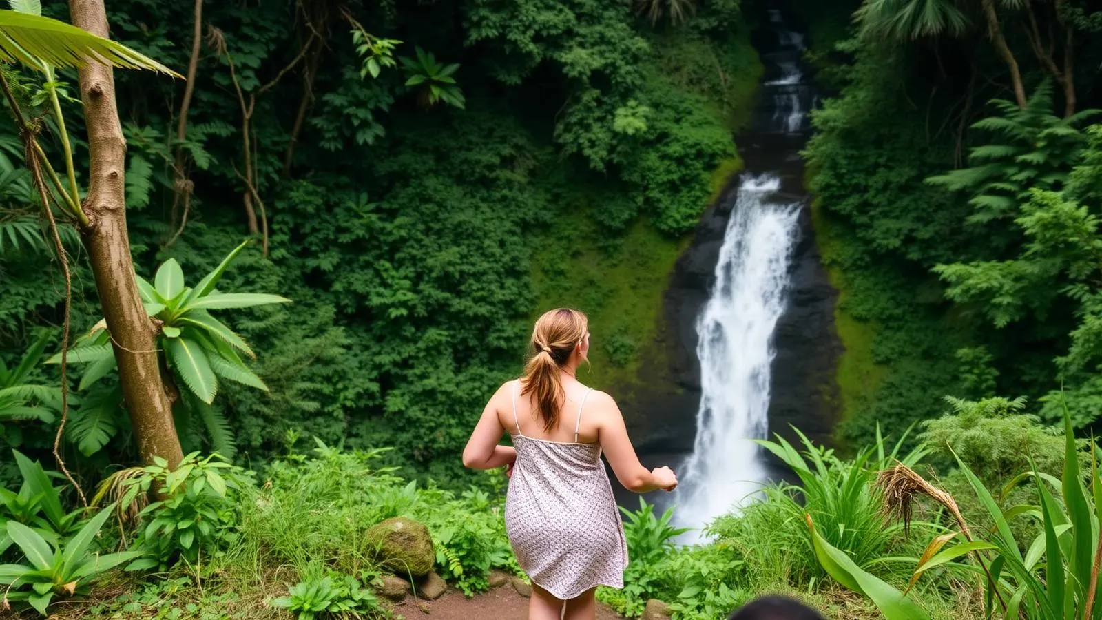 Couple hiking to a rainforest waterfall in Costa Rica on an adventure honeymoon
