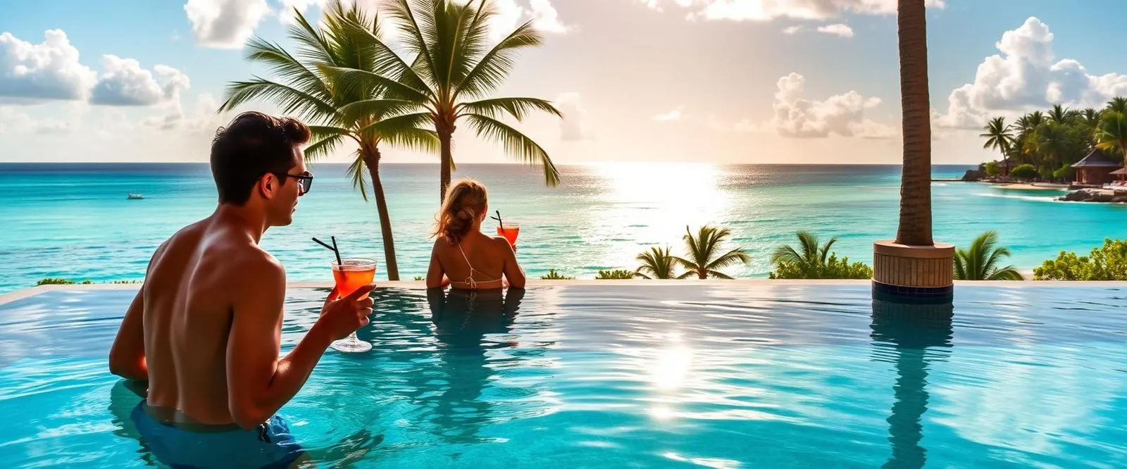 Couple enjoying all-inclusive Caribbean honeymoon cocktails at Sandals resort infinity pool