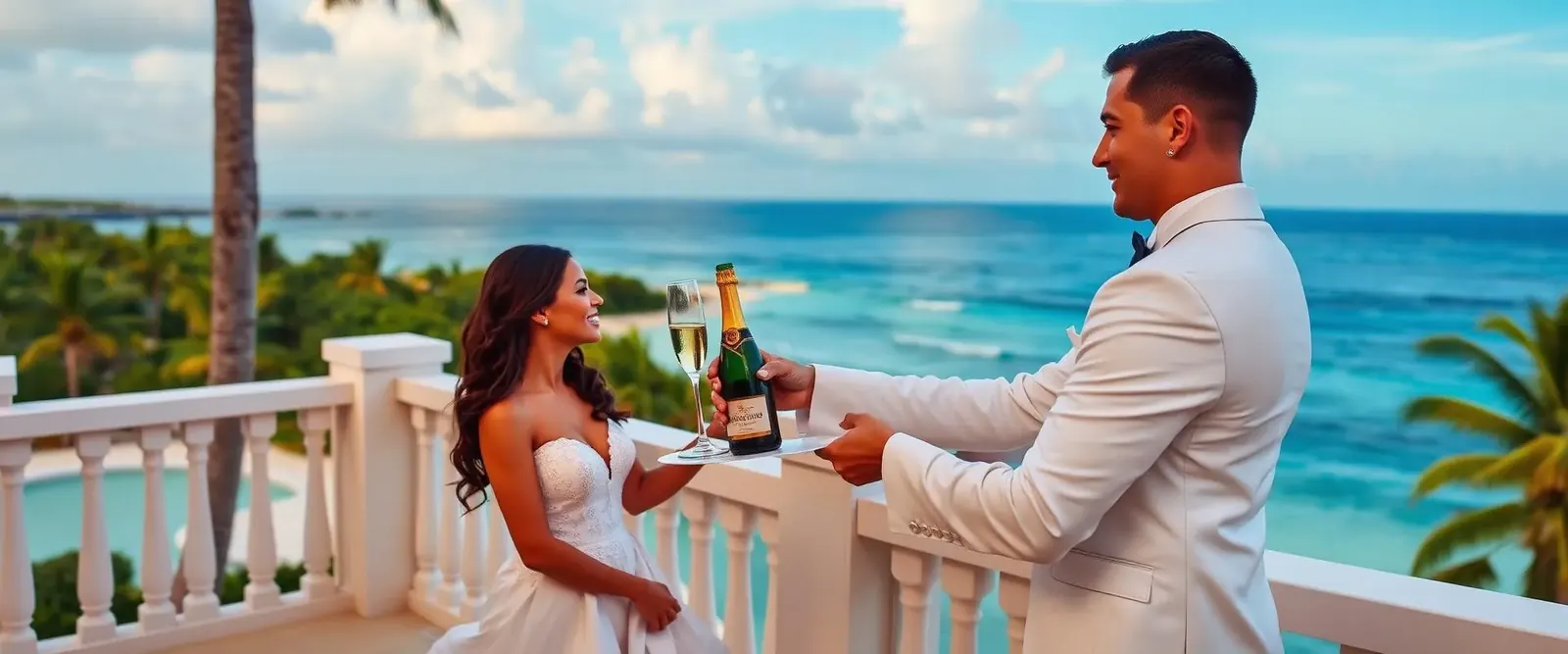 Personal butler serving champagne to honeymooners at luxury Sandals Caribbean resort suite