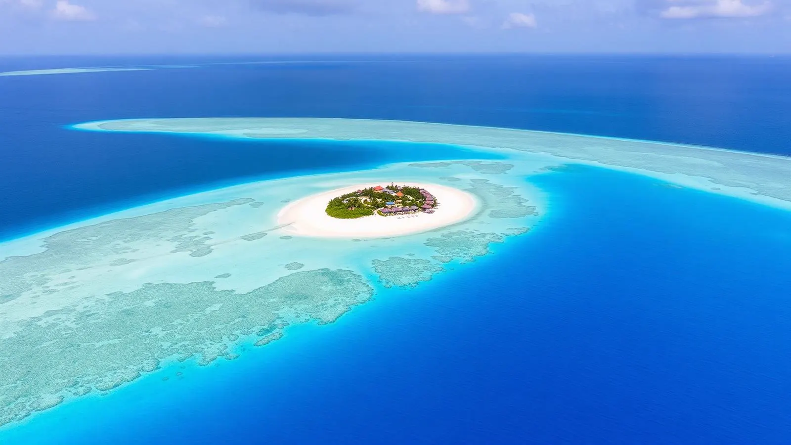 Aerial view of a Caribbean honeymoon resort and turquoise water