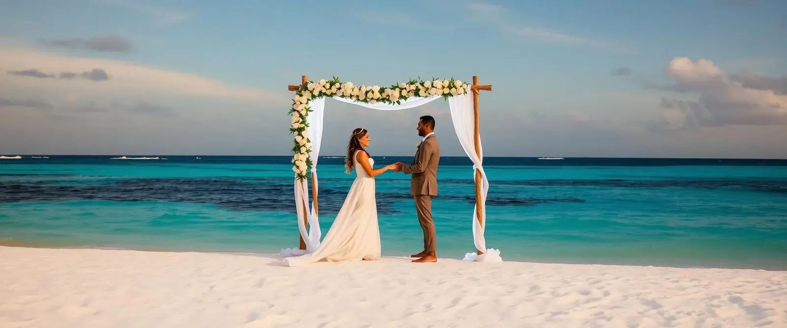 Destination wedding ceremony on Caribbean beach at Sandals resort with ocean backdrop