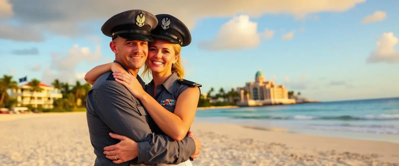 Military veteran couple enjoying honeymoon at Caribbean all-inclusive Sandals resort