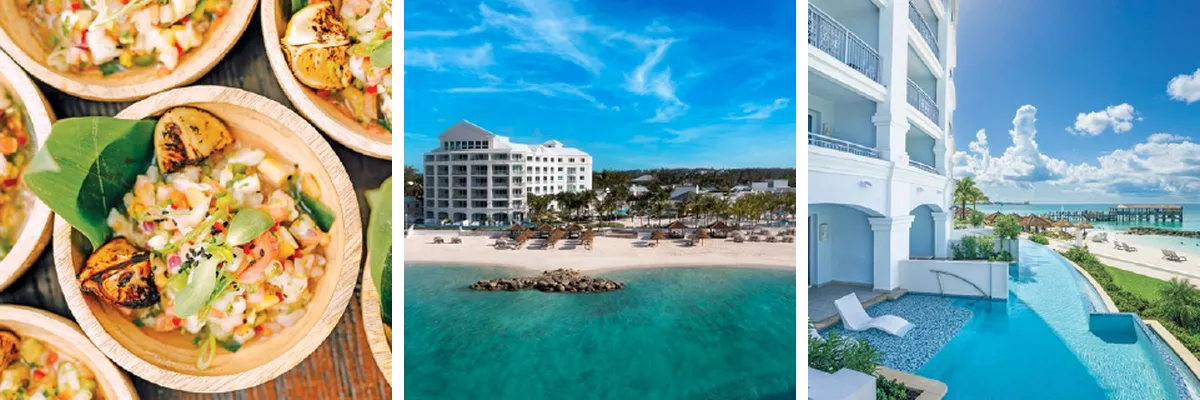 Sandals Royal Bahamian dining, beachfront resort exterior, and swim-up suite pool in Nassau, The Bahamas