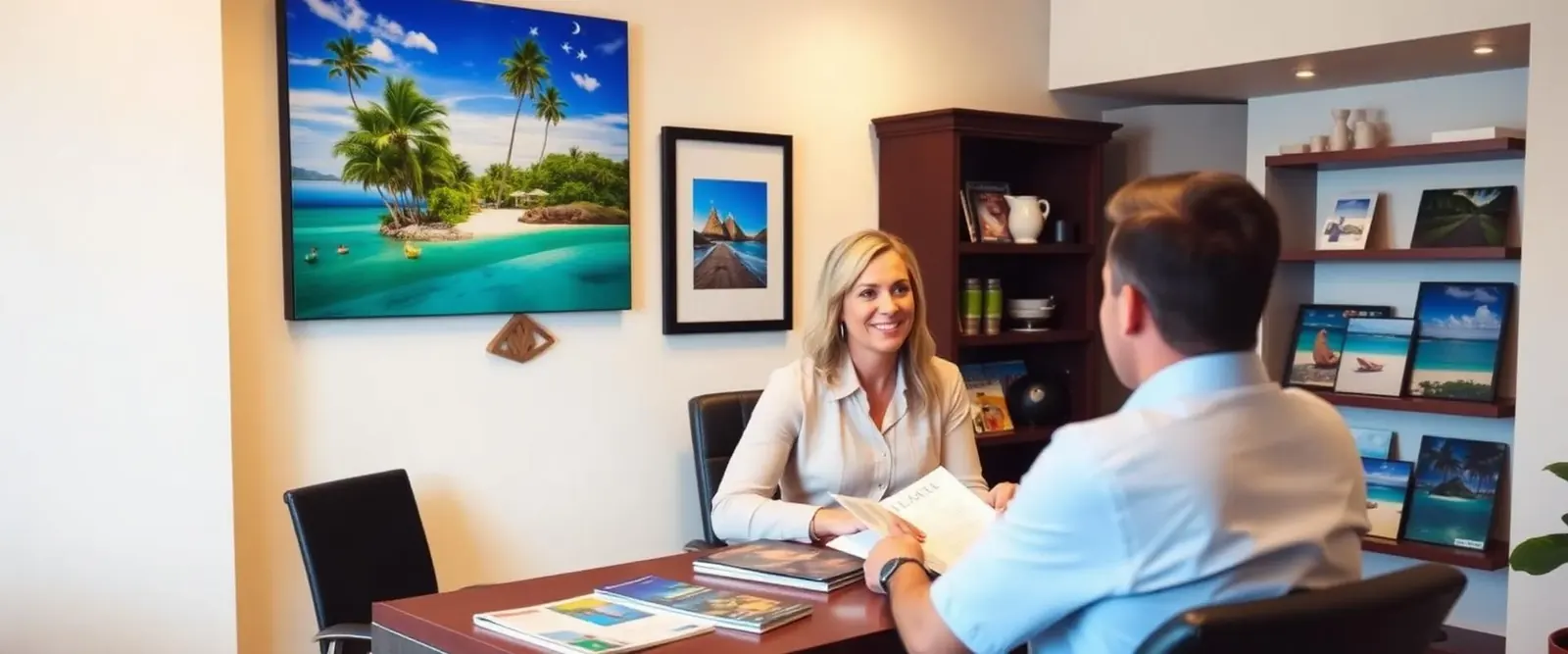 Honeymoon specialist reviewing resort options for a couple